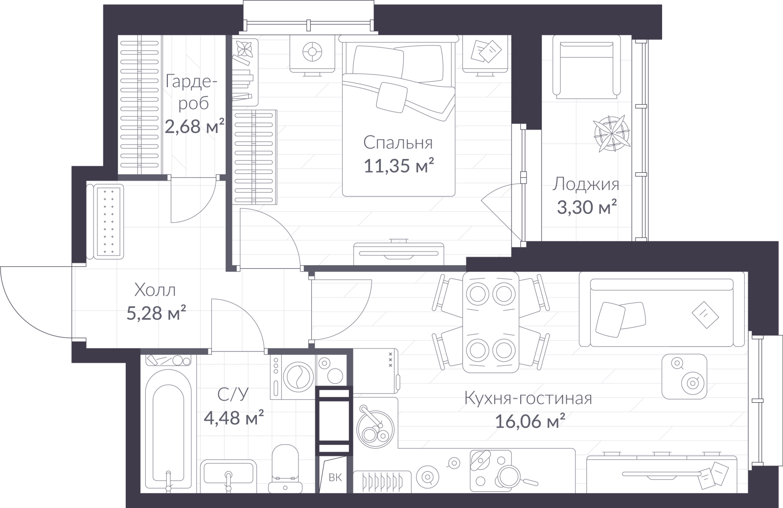 Планировка: 2-комнатная квартира, 41,5 м²