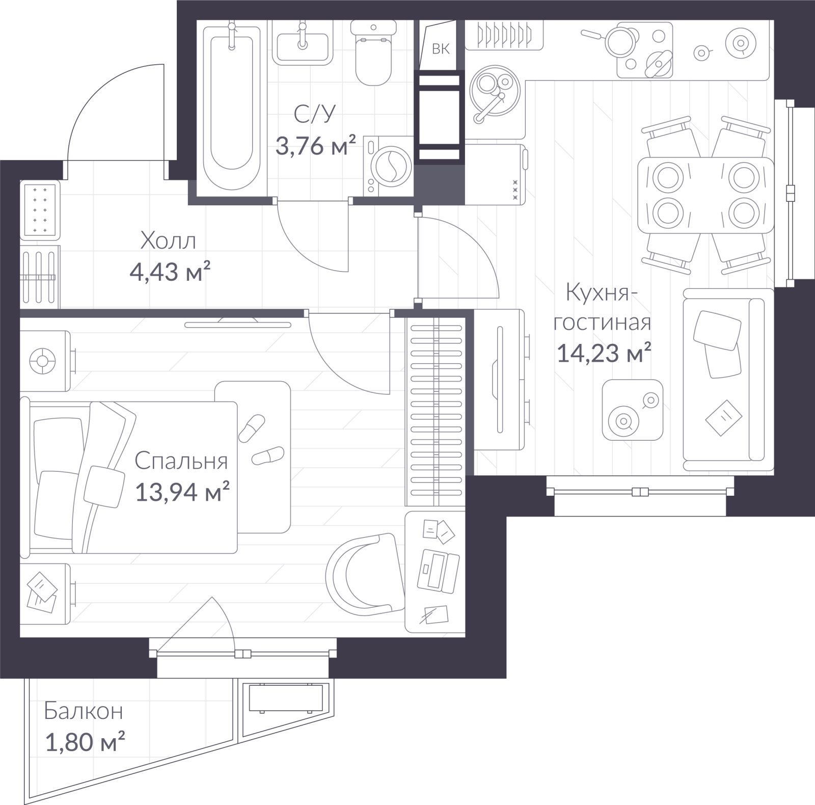 Планировка: 2-комнатная квартира, 36,9 м²