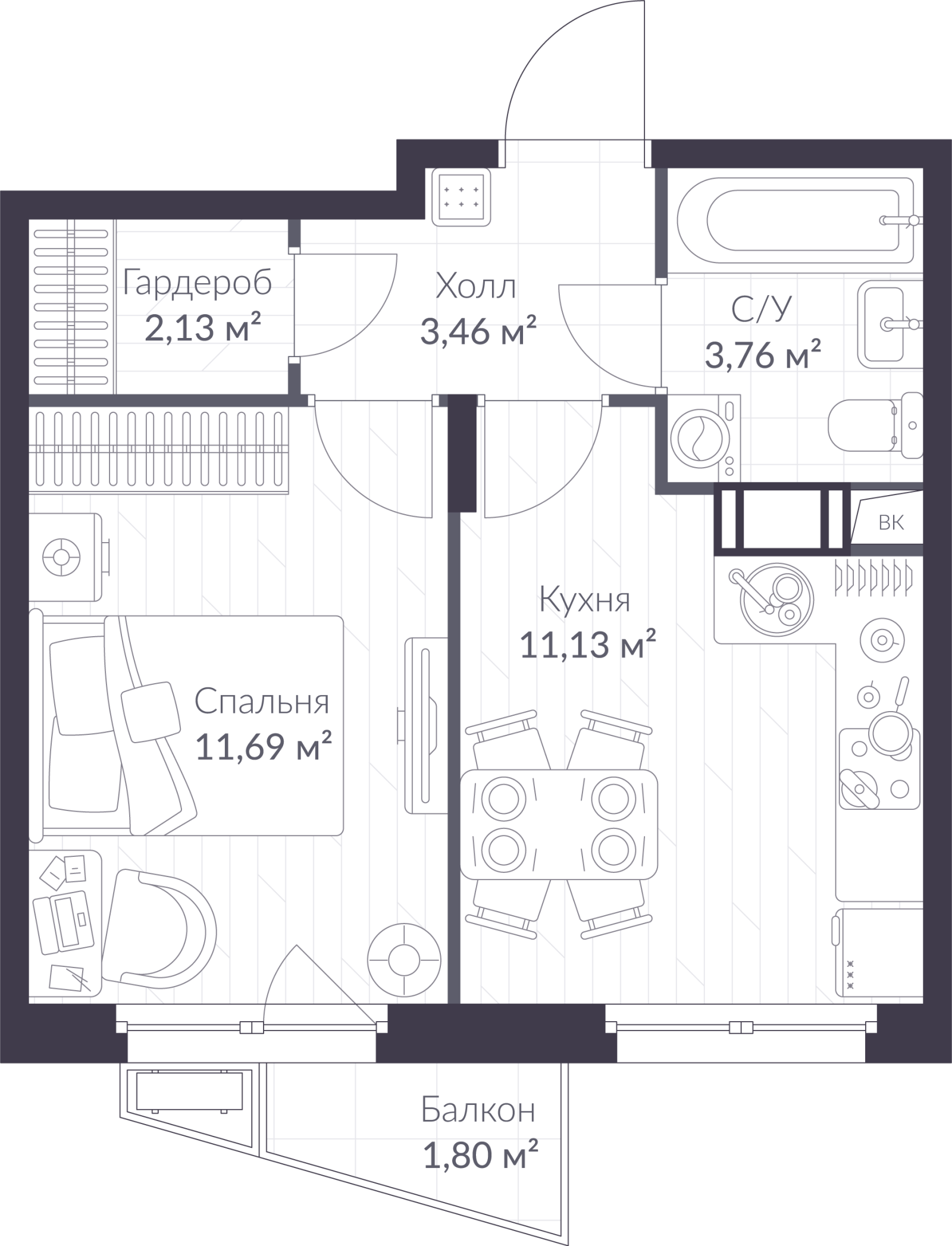 Планировка: 1-комнатная квартира, 32,7 м²