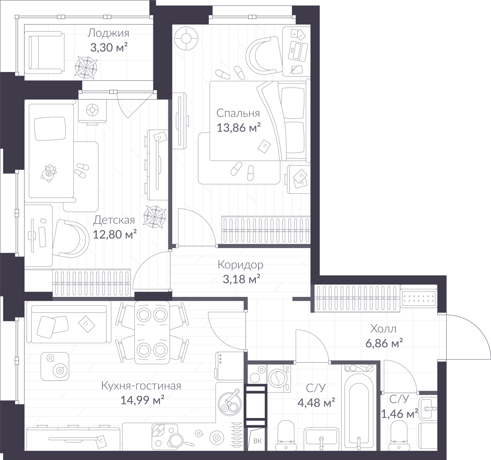 Планировка: 3-комнатная квартира, 59,3 м²