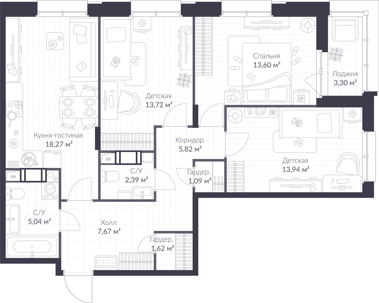 Планировка: 4-комнатная квартира, 84,8 м²
