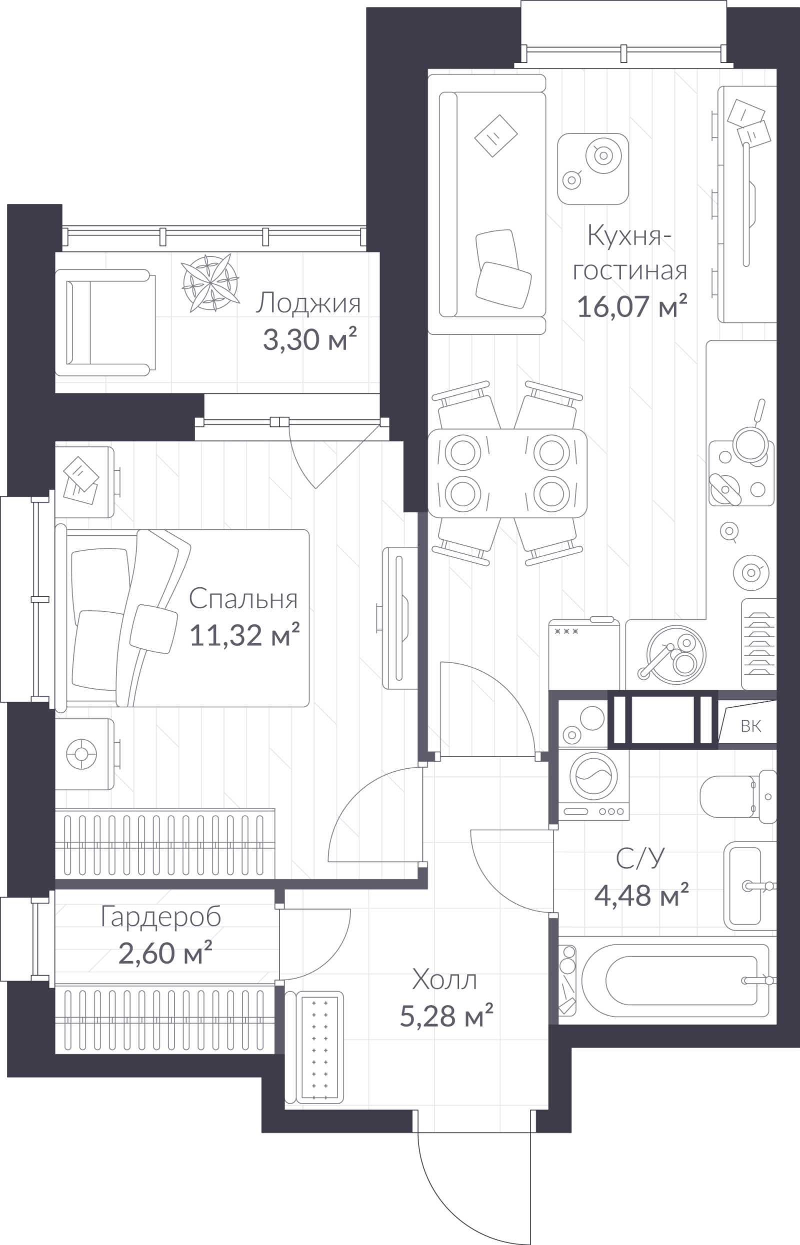 Планировка: 2-комнатная квартира, 41,4 м²