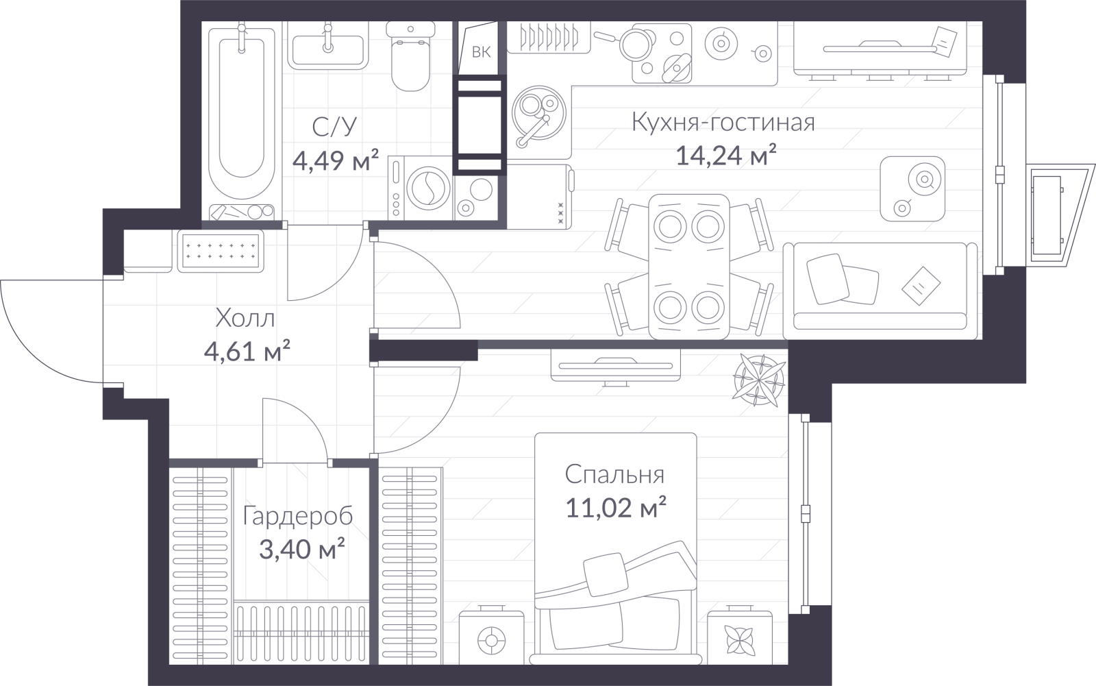 Планировка: 2-комнатная квартира, 37,8 м²