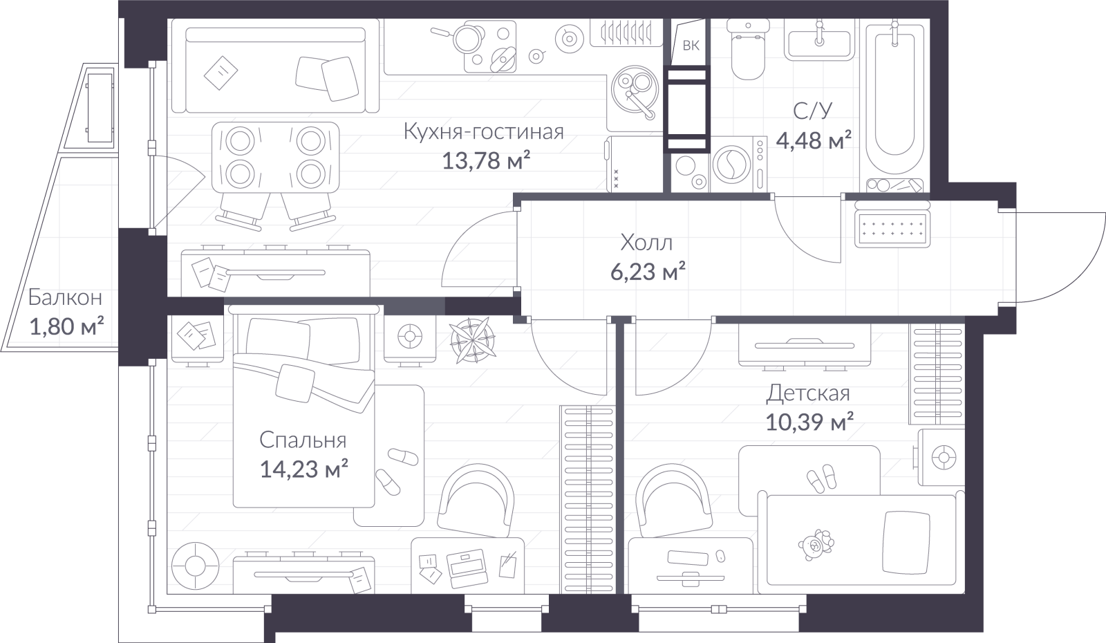 Планировка: 3-комнатная квартира, 49,7 м²