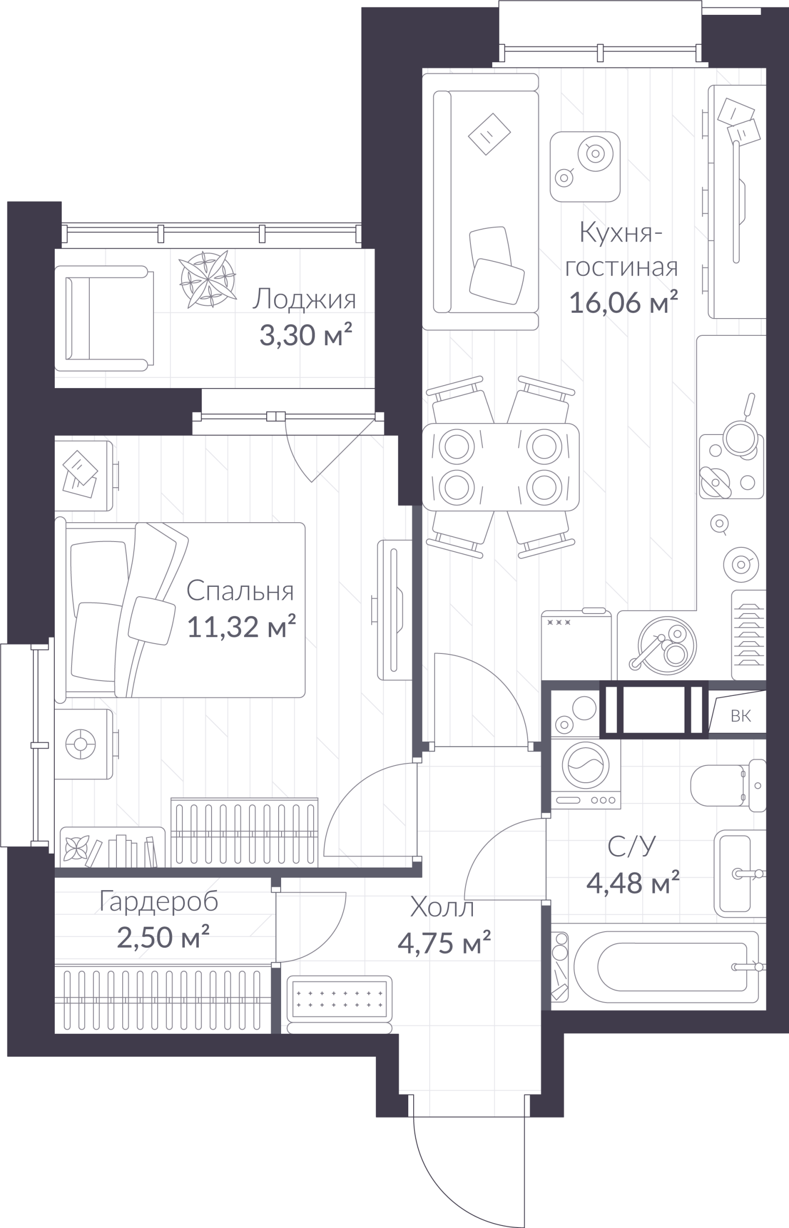 Планировка: 2-комнатная квартира, 40,8 м²