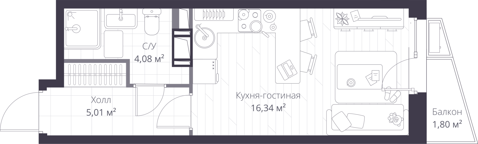 Планировка: студия, 26,2 м²