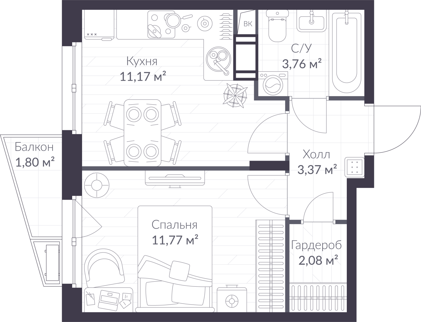 Планировка: 1-комнатная квартира, 32,7 м²