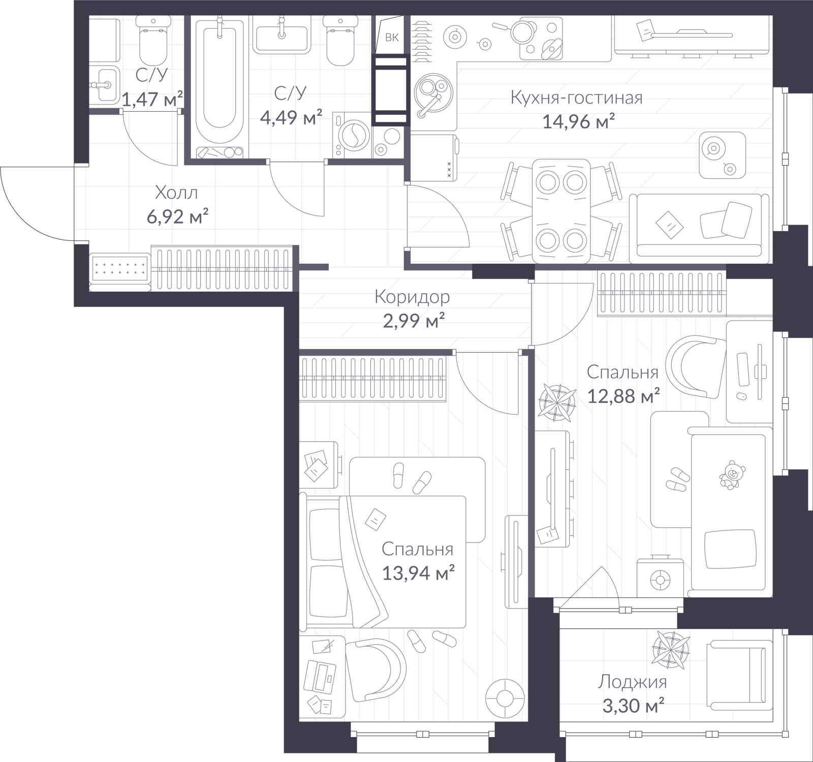 Планировка: 3-комнатная квартира, 59,3 м²