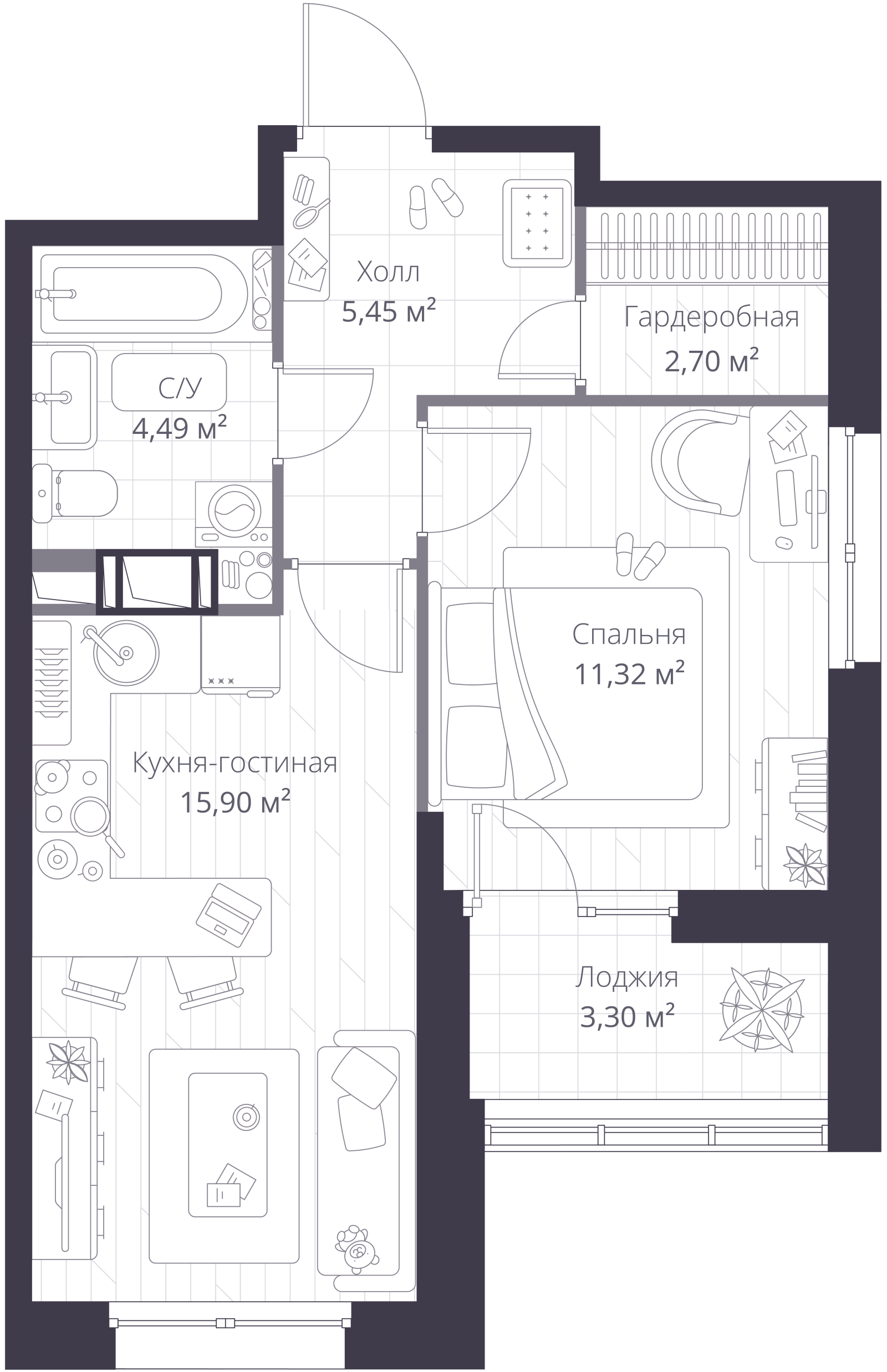 Планировка: 2-комнатная квартира, 42,0 м²