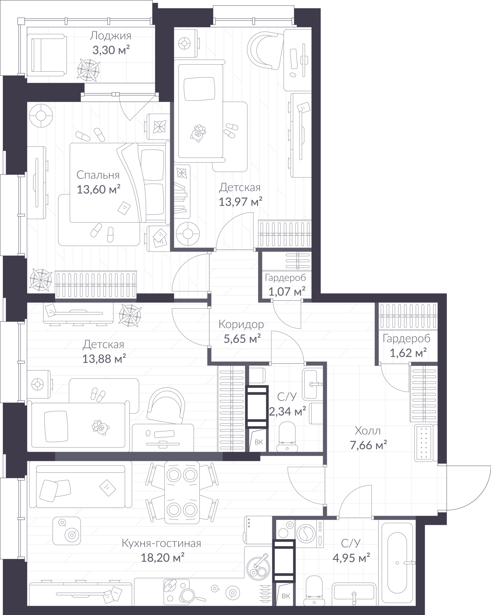 Планировка: 4-комнатная квартира, 84,6 м²