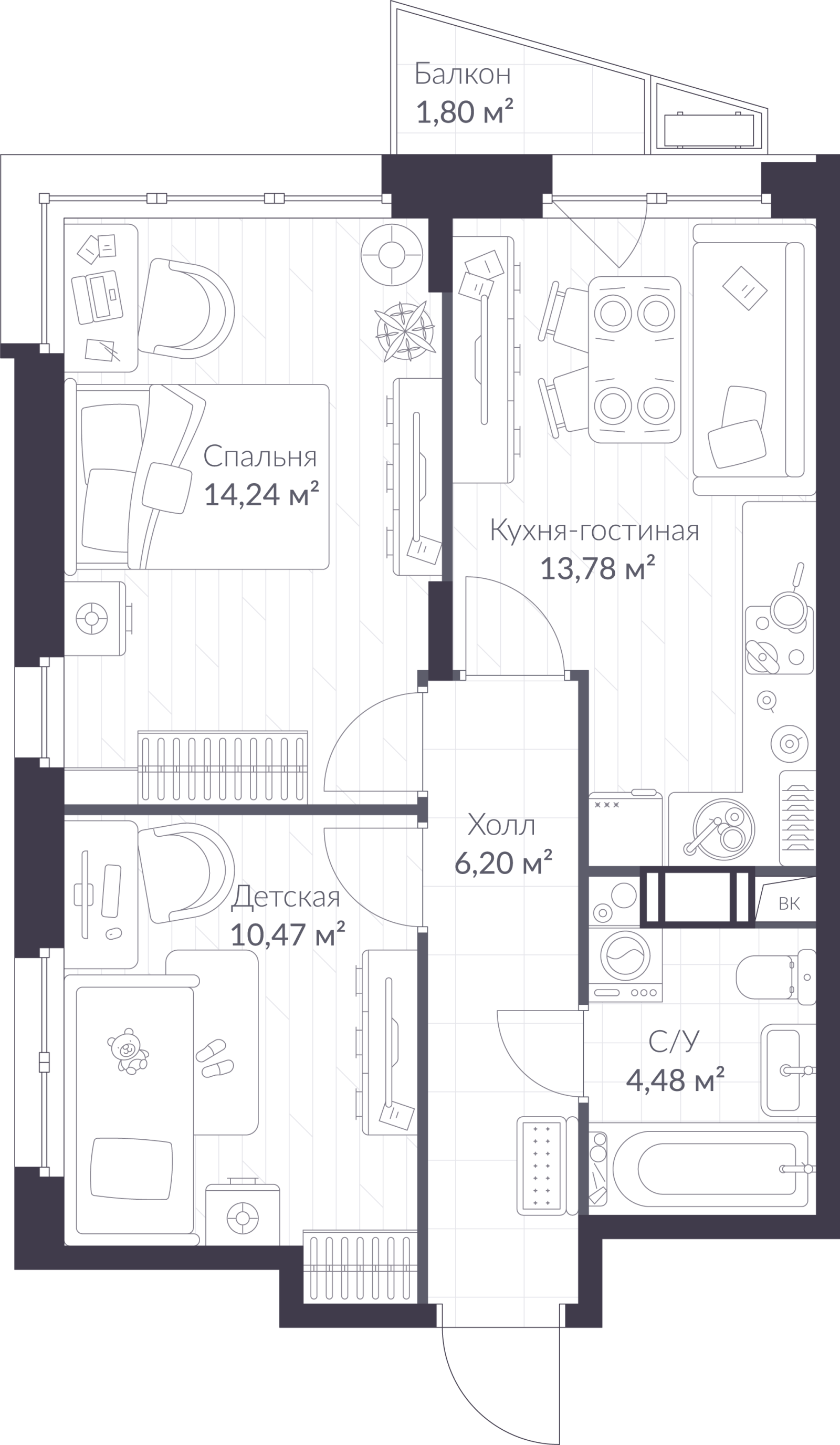 Планировка: 3-комнатная квартира, 49,7 м²