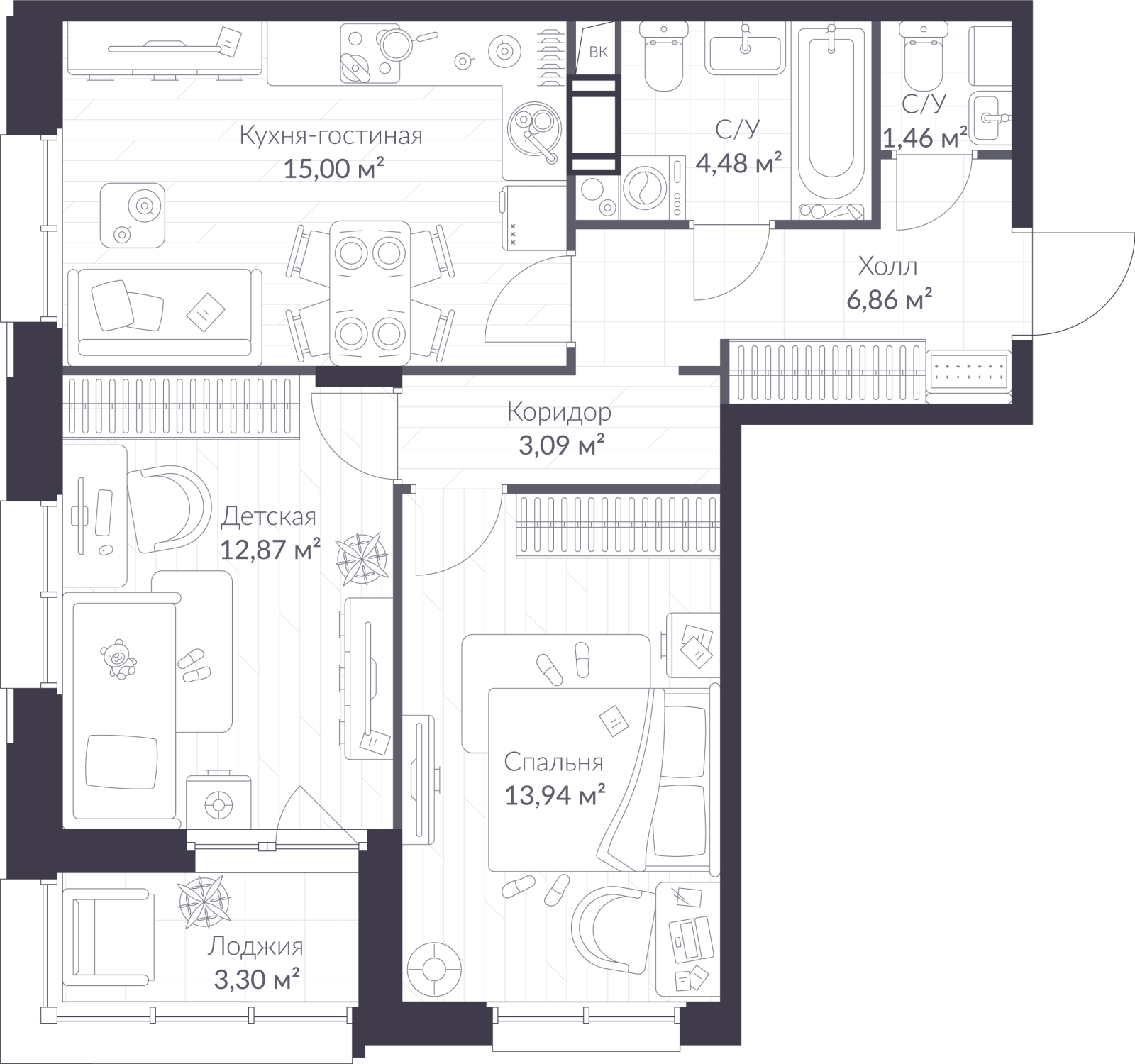 Планировка: 3-комнатная квартира, 59,4 м²