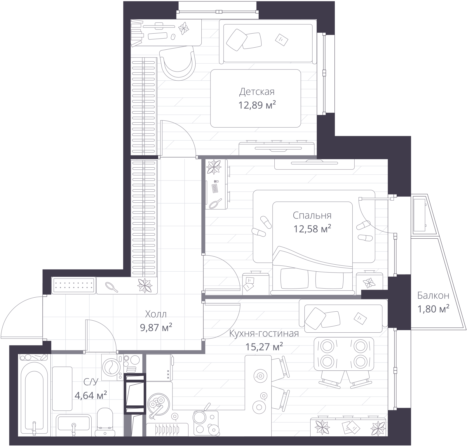 Планировка: 3-комнатная квартира, 55,9 м²