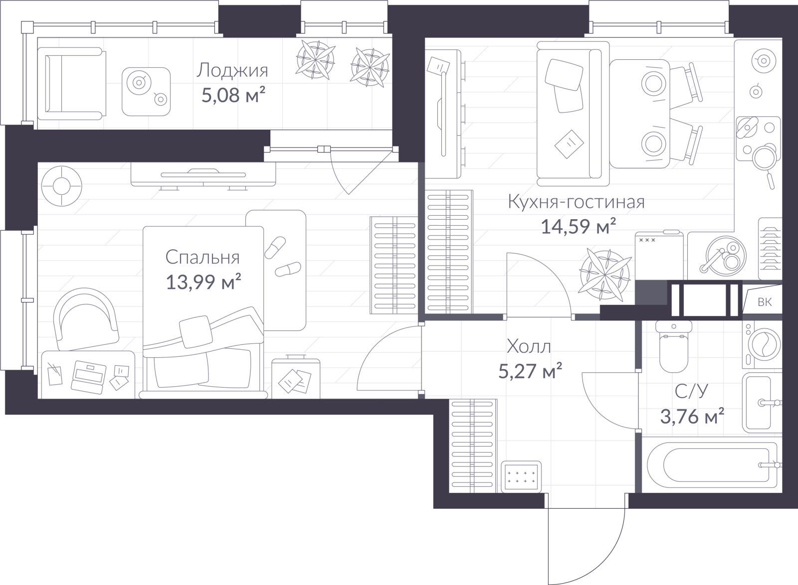 Планировка: 2-комнатная квартира, 40,2 м²