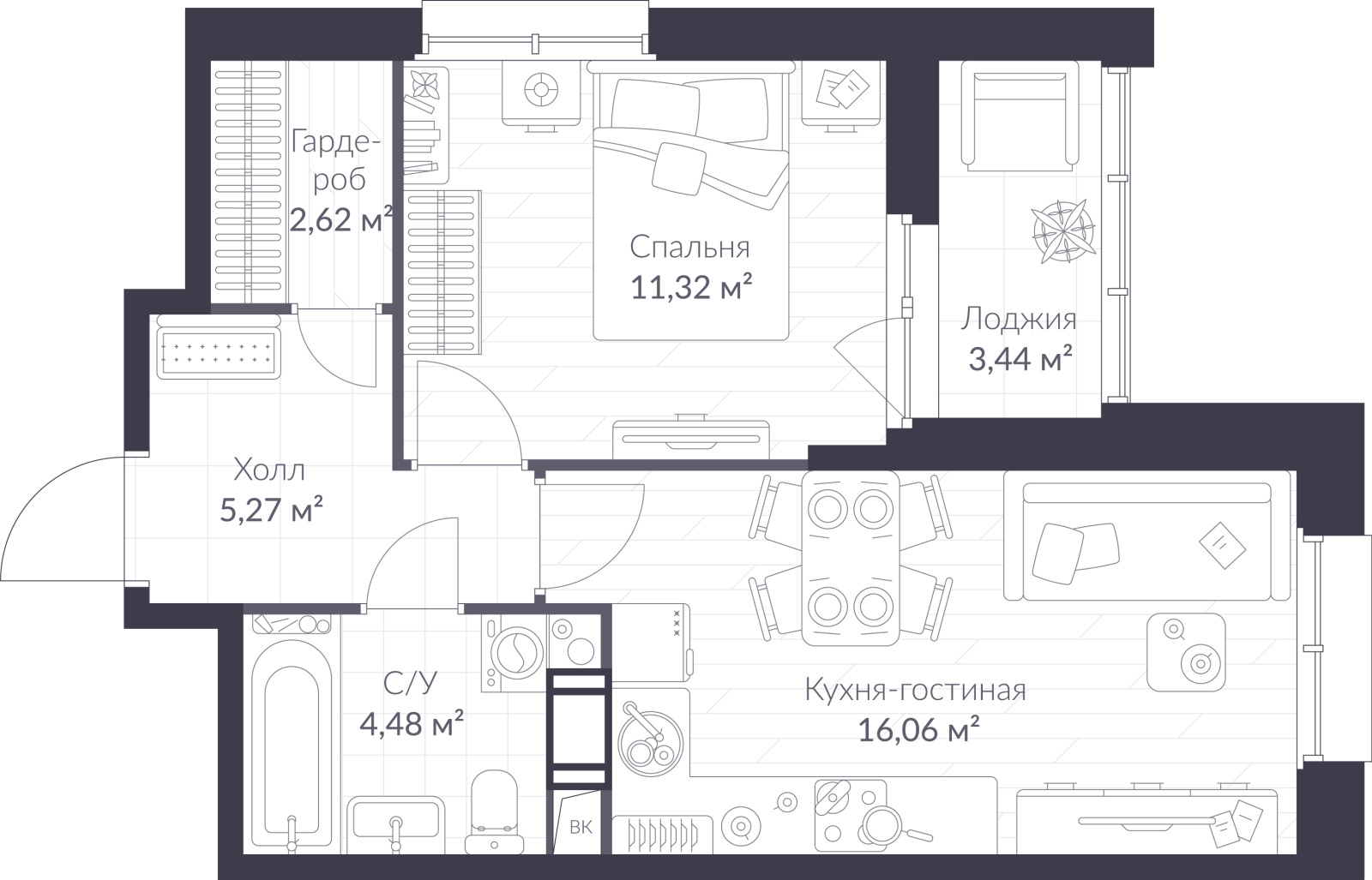 Планировка: 2-комнатная квартира, 41,5 м²