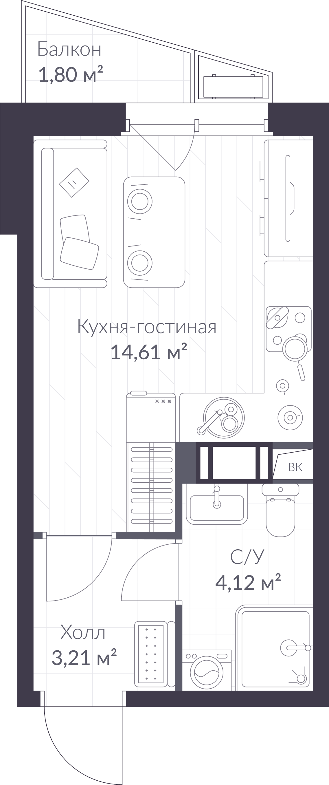 Планировка: студия, 22,5 м²