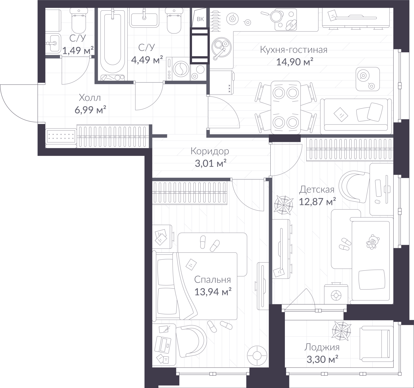 Планировка: 3-комнатная квартира, 59,3 м²
