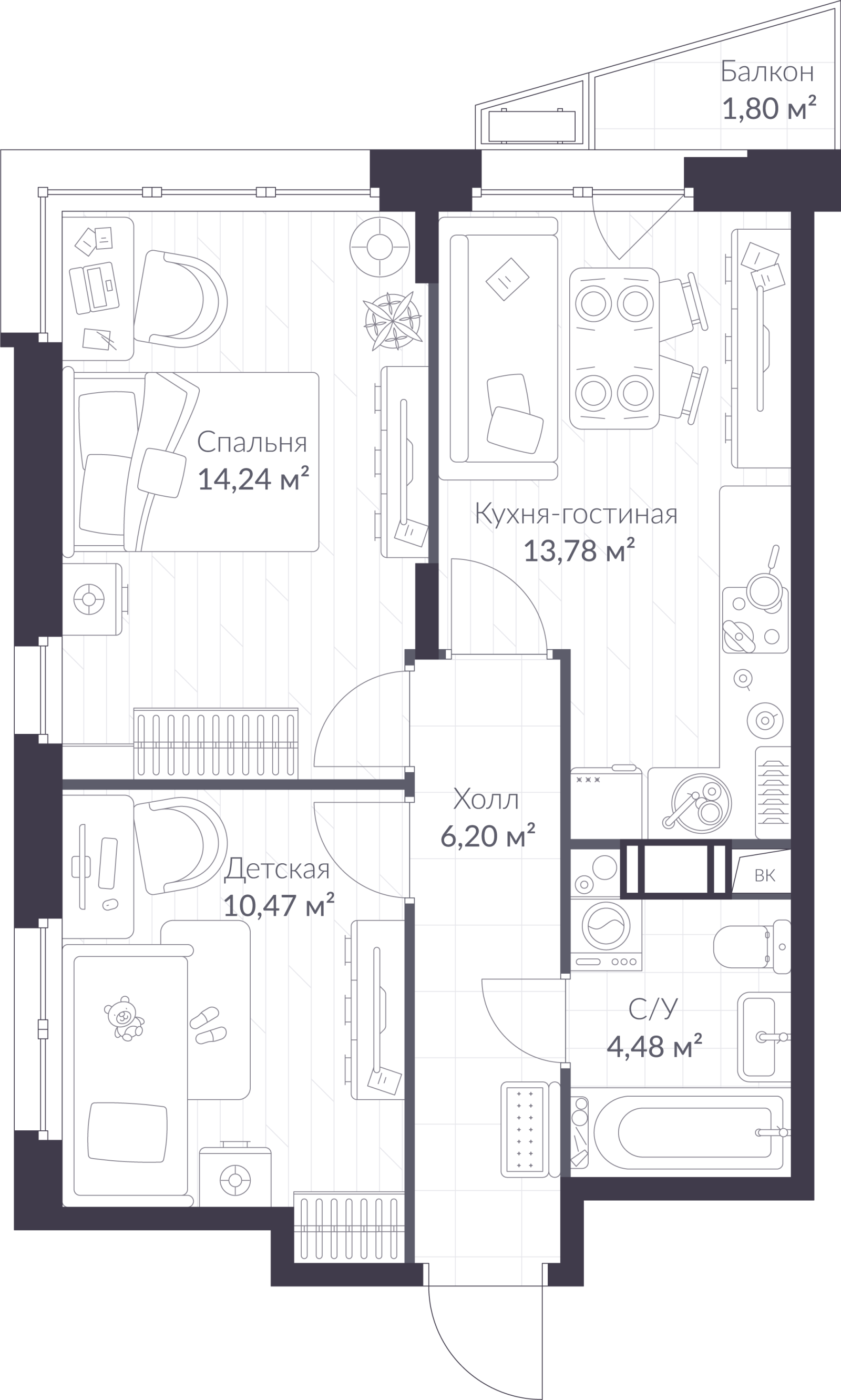 Планировка: 3-комнатная квартира, 49,7 м²