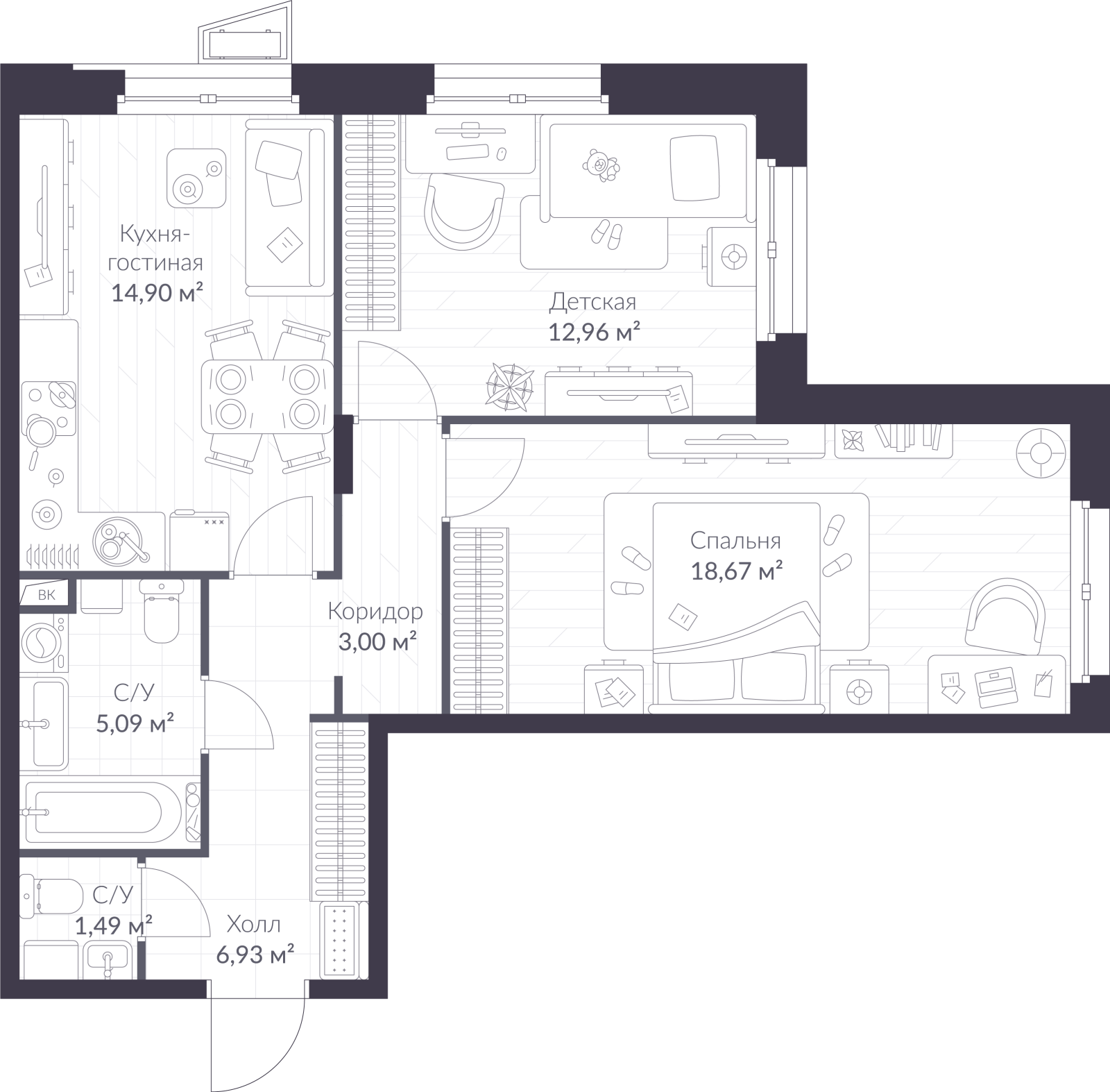 Планировка: 3-комнатная квартира, 63,0 м²