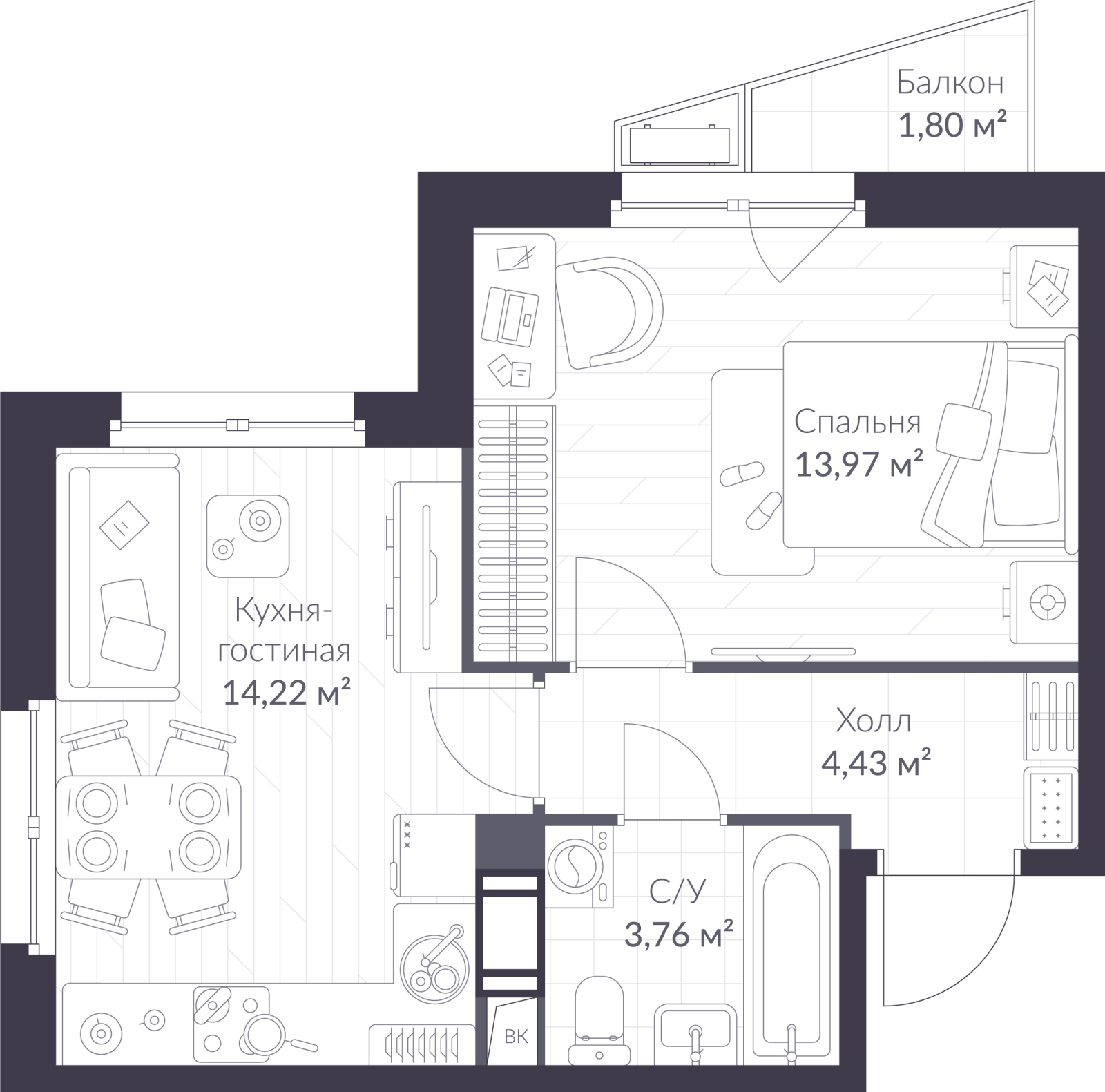 Планировка: 2-комнатная квартира, 36,9 м²