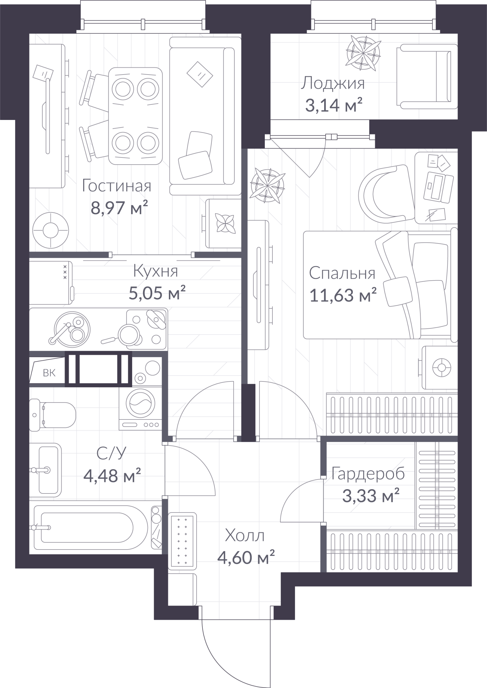 Планировка: 2-комнатная квартира, 39,6 м²