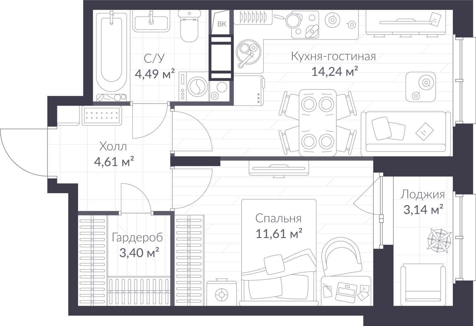 Планировка: 2-комнатная квартира, 39,9 м²