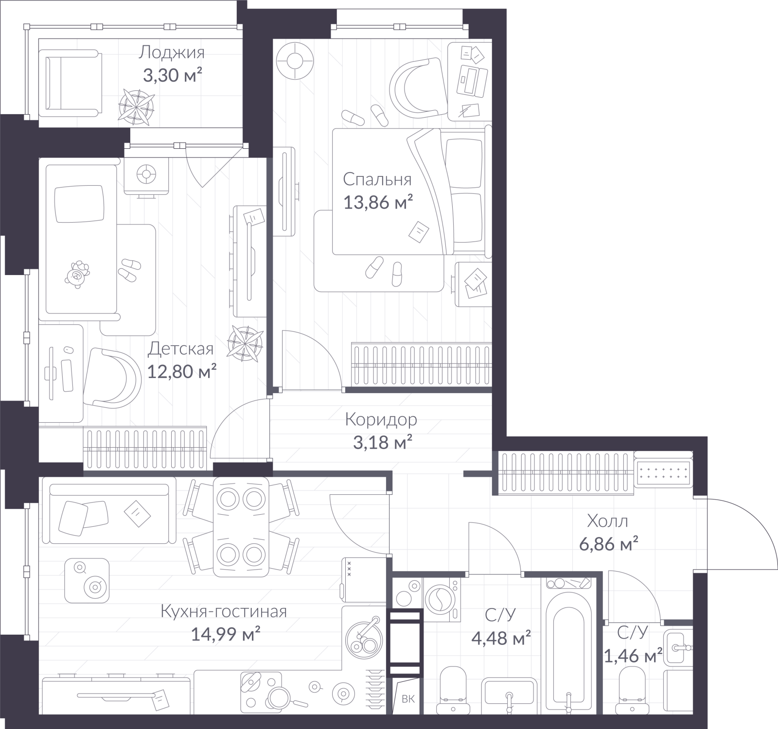 Планировка: 3-комнатная квартира, 59,3 м²