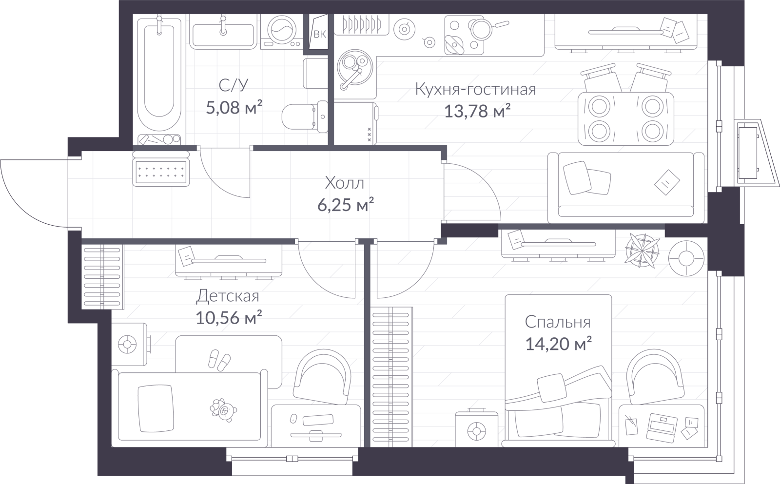 Планировка: 3-комнатная квартира, 49,9 м²