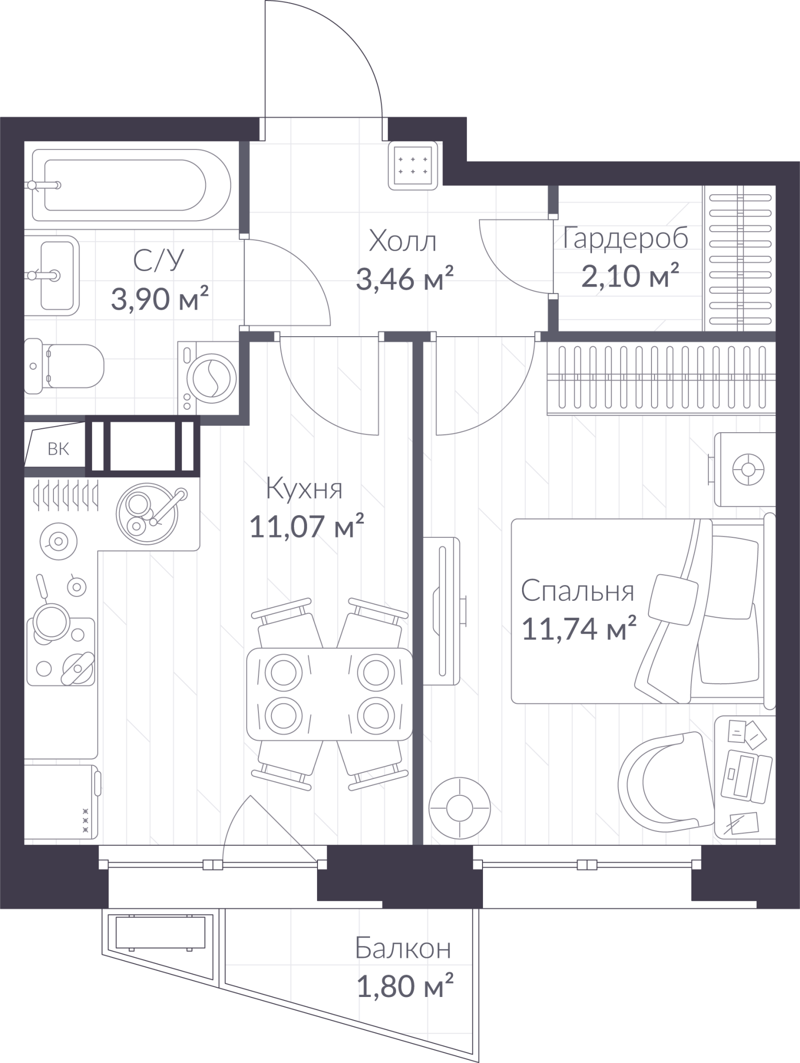 Планировка: 1-комнатная квартира, 32,8 м²