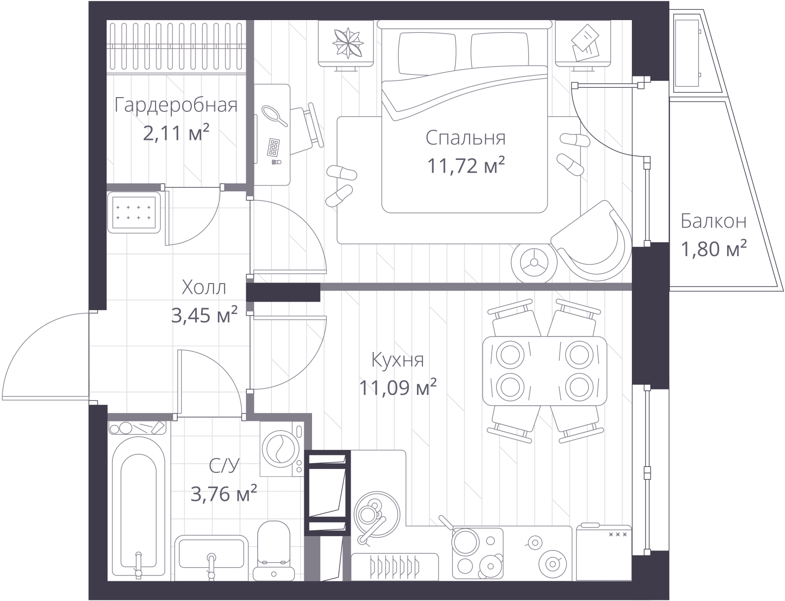 Планировка: 1-комнатная квартира, 33,9 м²
