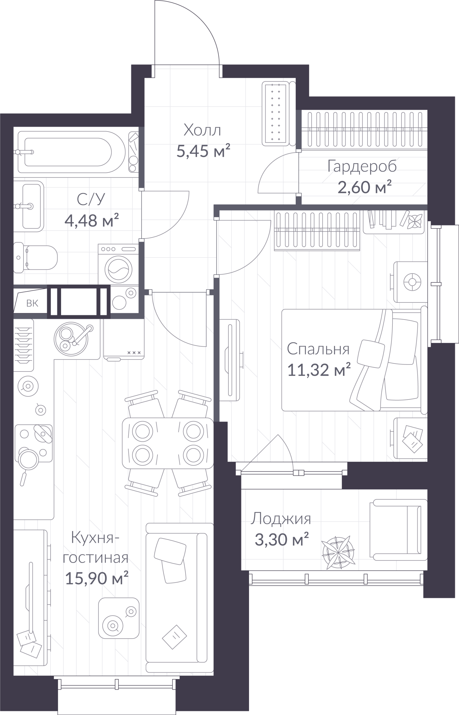 Планировка: 2-комнатная квартира, 41,4 м²