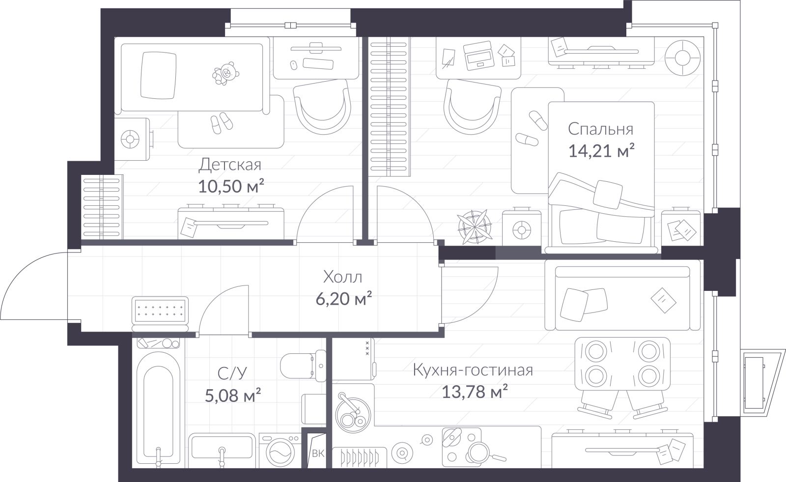 Планировка: 3-комнатная квартира, 49,8 м²