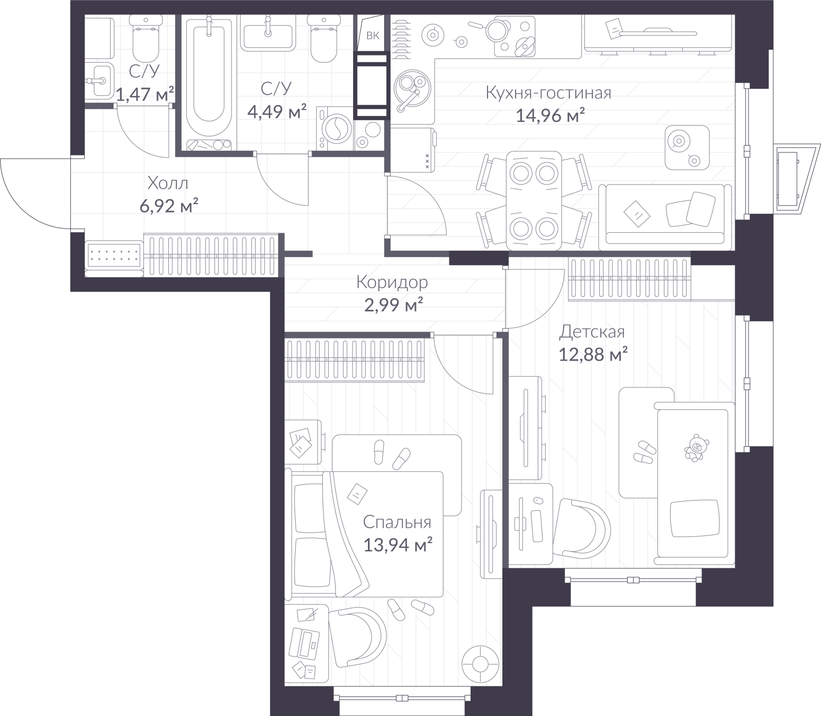 Планировка: 3-комнатная квартира, 57,7 м²