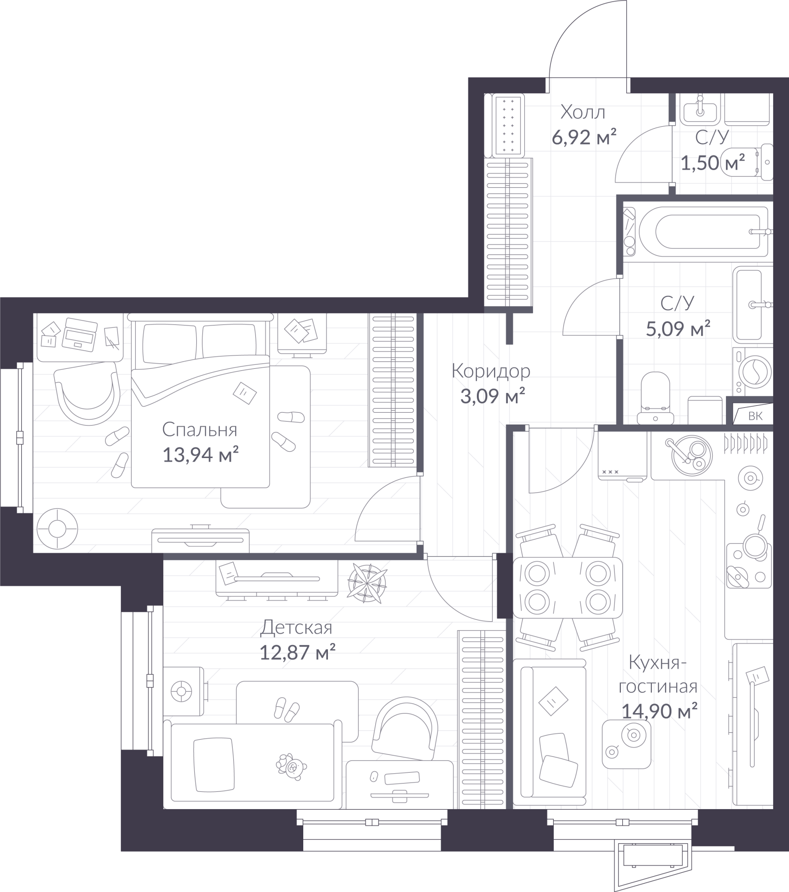 Планировка: 3-комнатная квартира, 58,3 м²