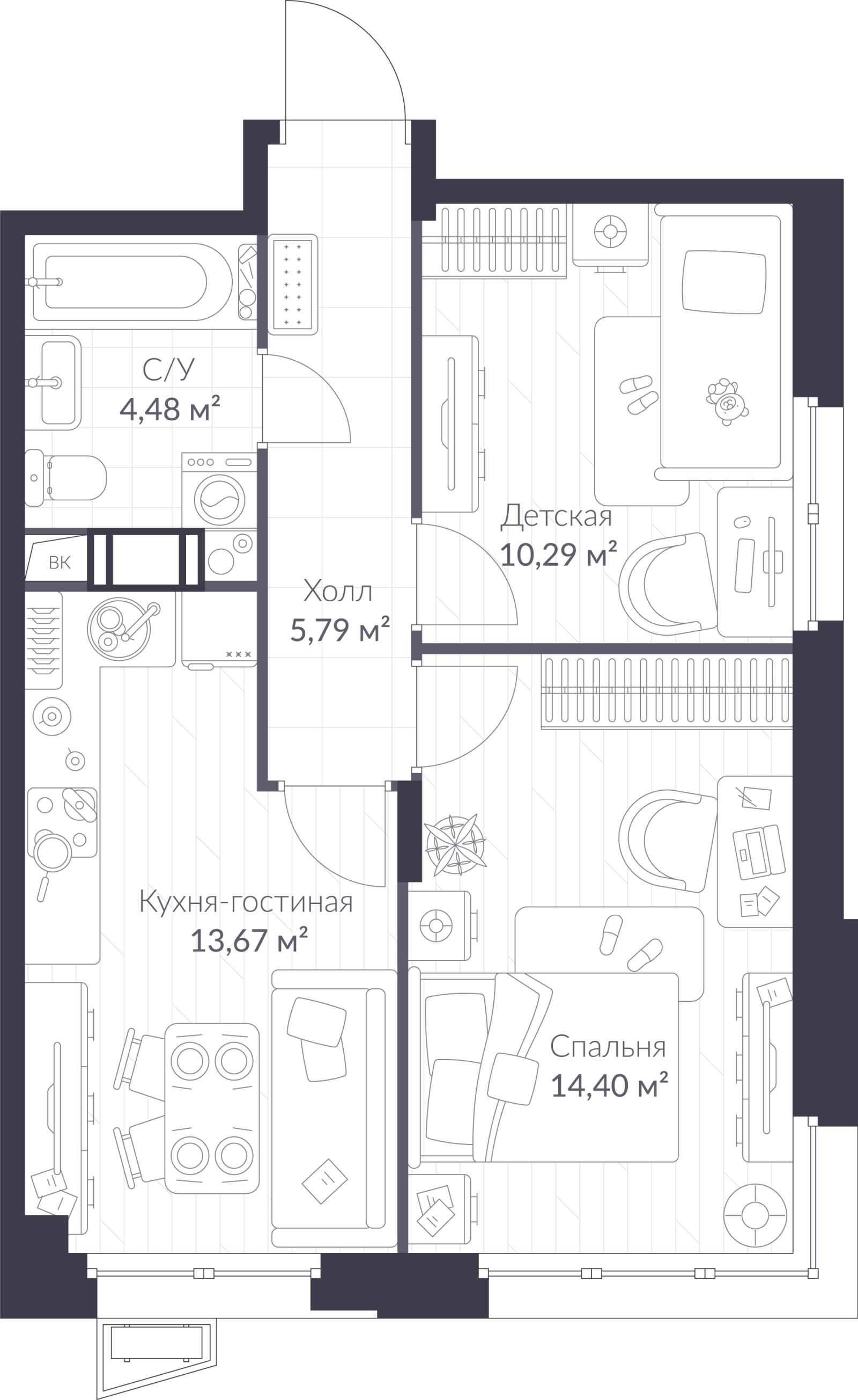 Планировка: 3-комнатная квартира, 48,6 м²