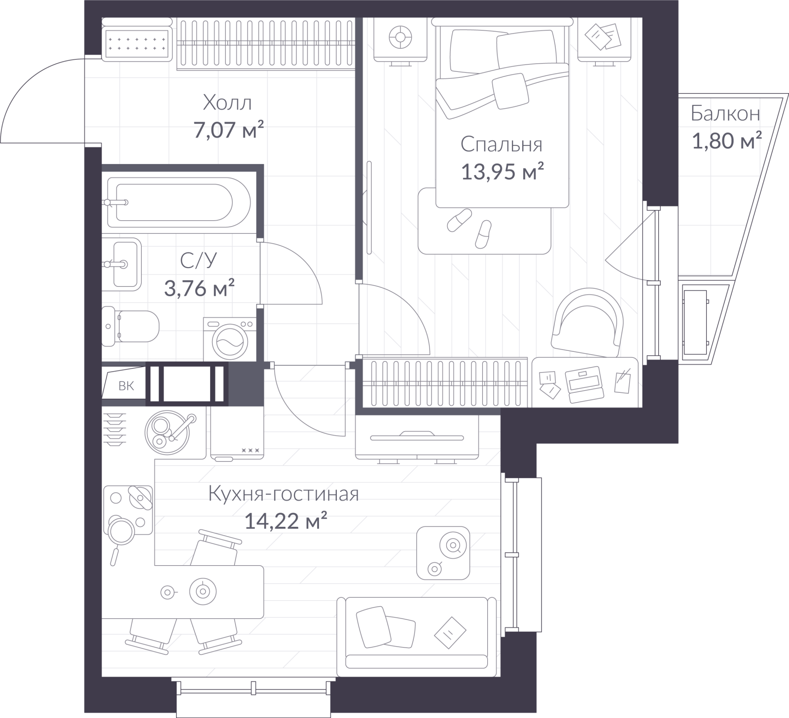 Планировка: 2-комнатная квартира, 39,5 м²