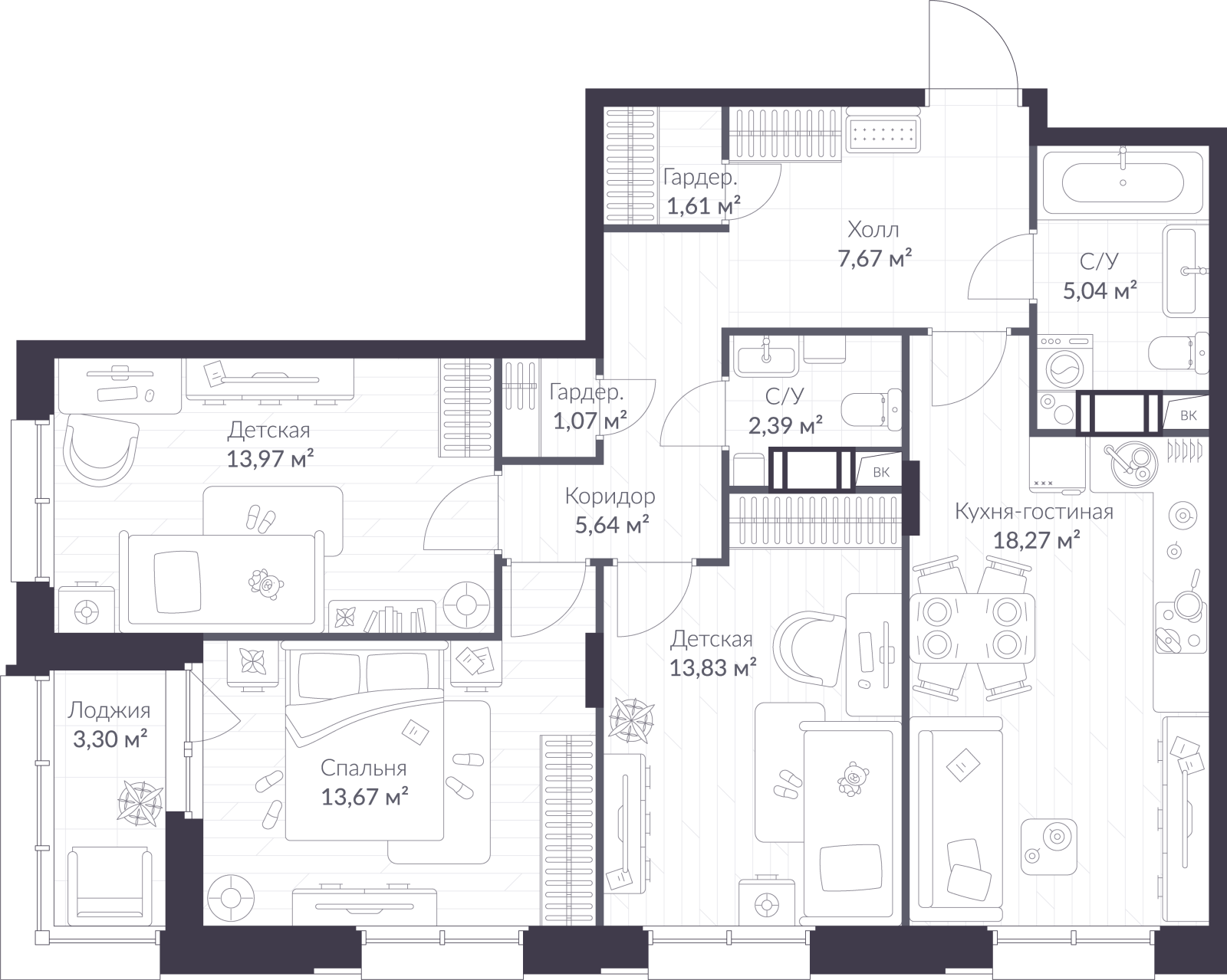 Планировка: 4-комнатная квартира, 84,8 м²