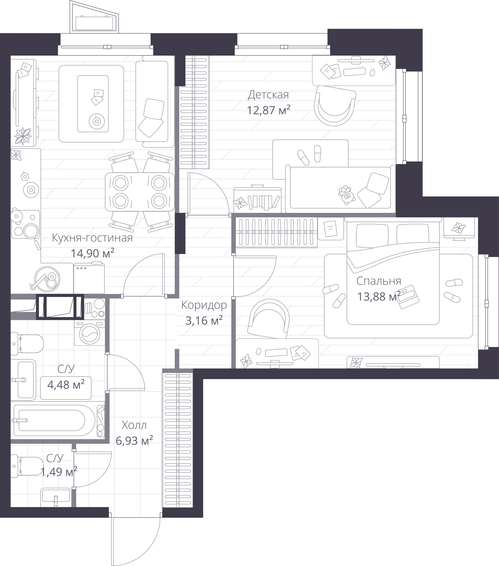 Планировка: 3-комнатная квартира, 58,0 м²
