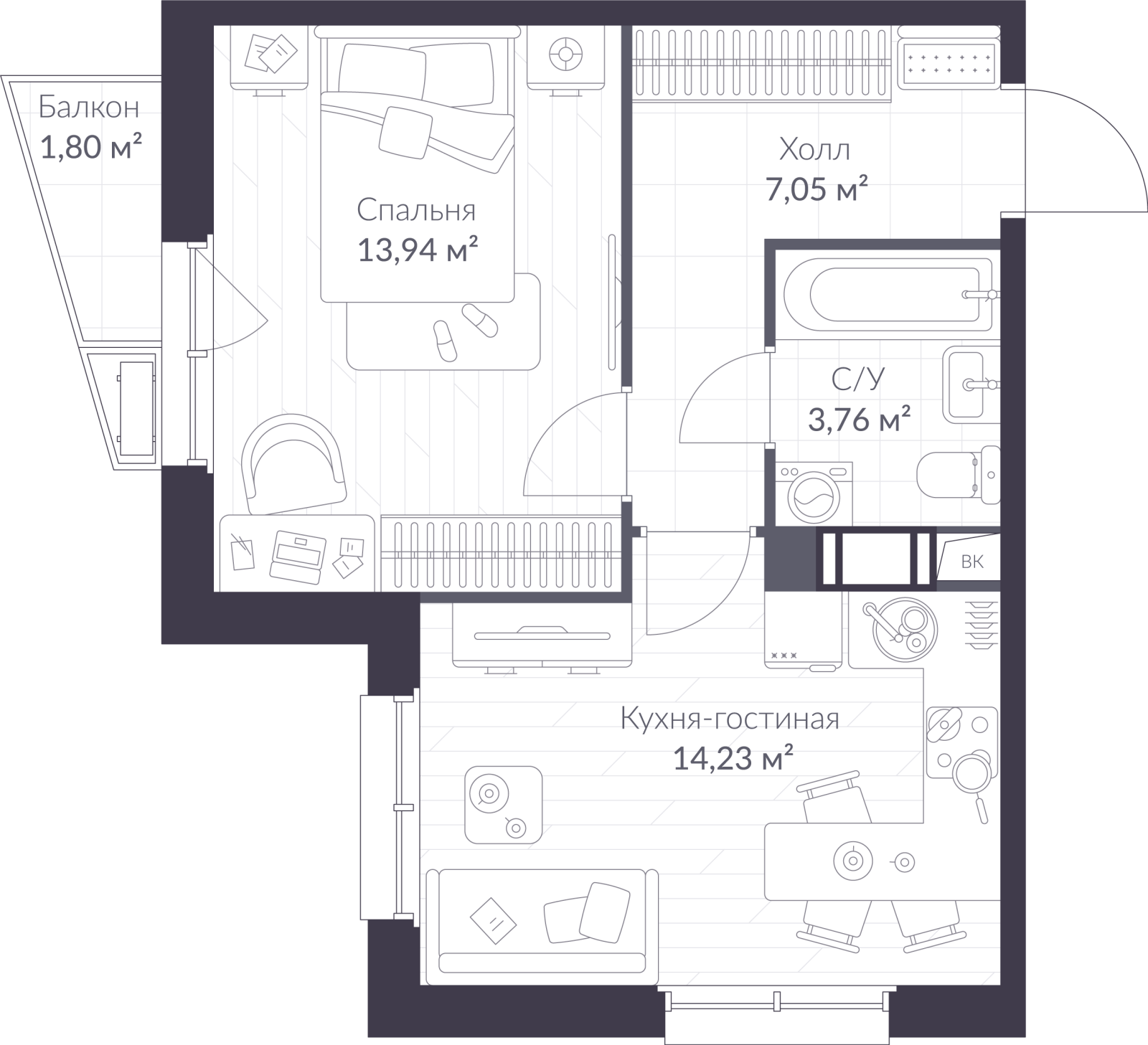 Планировка: 2-комнатная квартира, 39,5 м²